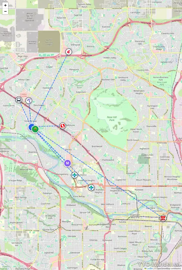 Daily accessibility map for 7303 SILVER MEAD RD NW, Calgary showing nearby schools, grocery stores, parks, LRT stations and nearby amenities