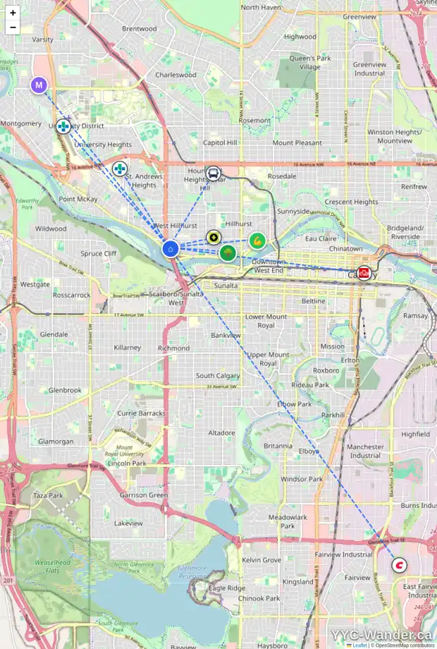 Daily accessibility map for 2425 BOWNESS RD NW, Calgary showing nearby schools, grocery stores, parks, LRT stations and nearby amenities