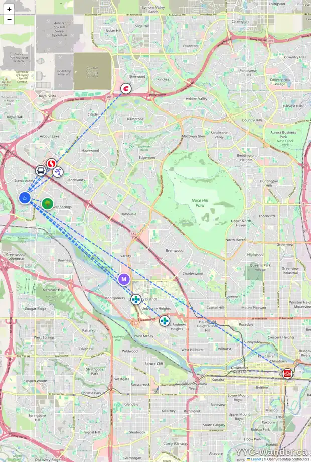 Daily accessibility map for 52 SCANDIA HL NW, Calgary showing nearby schools, grocery stores, parks, LRT stations and nearby amenities