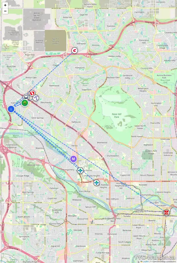 Daily accessibility map for 250 SCHILLER PL NW, Calgary showing nearby schools, grocery stores, parks, LRT stations and nearby amenities