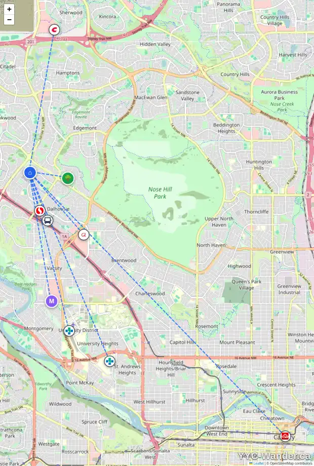 Daily accessibility map for 6116 DALCASTLE CR NW, Calgary showing nearby schools, grocery stores, parks, LRT stations and nearby amenities