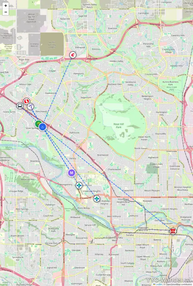 Daily accessibility map for 152 SILVER SPRINGS PL NW, Calgary showing nearby schools, grocery stores, parks, LRT stations and nearby amenities