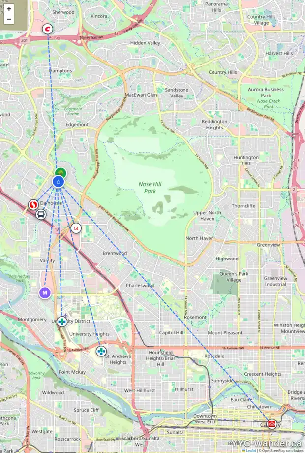 Daily accessibility map for 155 DALHURST WY NW, Calgary showing nearby schools, grocery stores, parks, LRT stations and nearby amenities