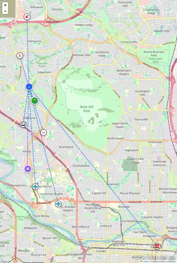 Daily accessibility map for 328 EDGEHILL DR NW, Calgary showing nearby schools, grocery stores, parks, LRT stations and nearby amenities