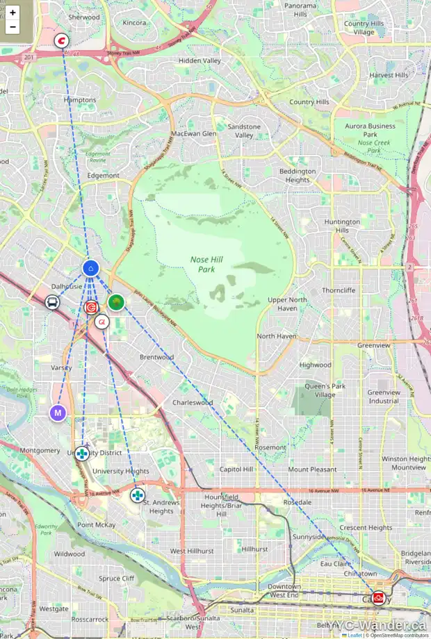 Daily accessibility map for 20 DALZELL PL NW, Calgary showing nearby schools, grocery stores, parks, LRT stations and nearby amenities