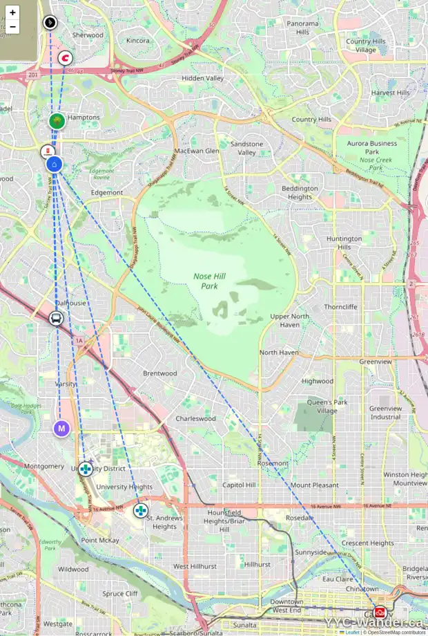 Daily accessibility map for 22 EDGEBURN CR NW, Calgary showing nearby schools, grocery stores, parks, LRT stations and nearby amenities