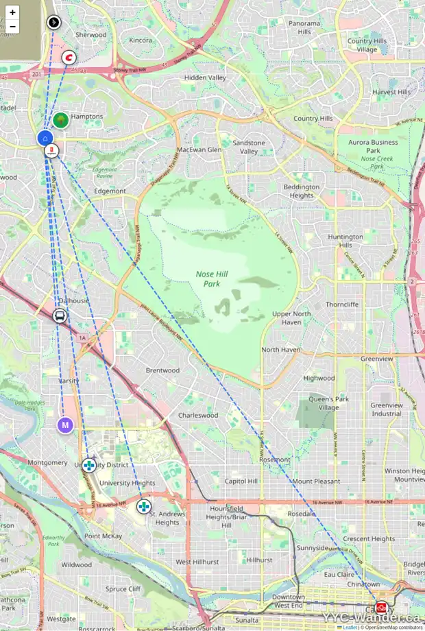 Daily accessibility map for 444 HAMPSHIRE CO NW, Calgary showing nearby schools, grocery stores, parks, LRT stations and nearby amenities