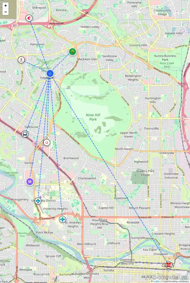 Daily accessibility map for 56 EDGEVALLEY PL NW, Calgary showing nearby schools, grocery stores, parks, LRT stations and nearby amenities