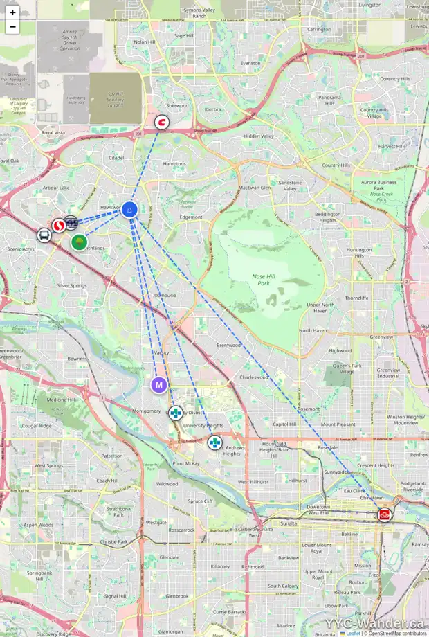 Daily accessibility map for 566 HAWKFORD WY NW, Calgary showing nearby schools, grocery stores, parks, LRT stations and nearby amenities