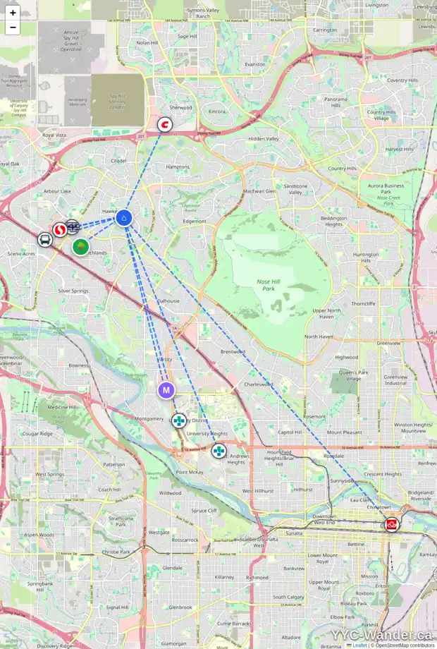 Daily accessibility map for 40 HAWKFORD PL NW, Calgary showing nearby schools, grocery stores, parks, LRT stations and nearby amenities
