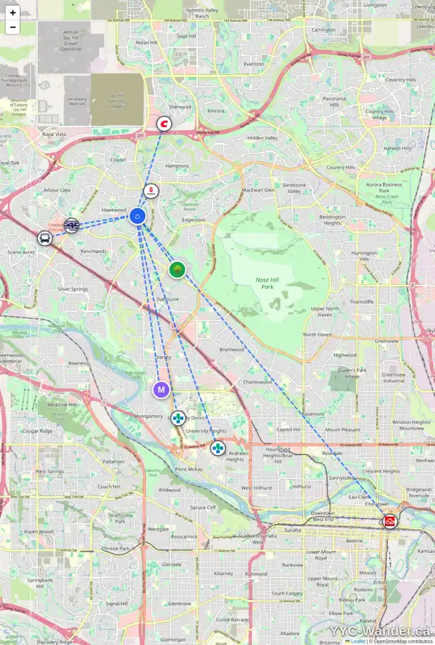 Daily accessibility map for 24 HAWKSTONE DR NW, Calgary showing nearby schools, grocery stores, parks, LRT stations and nearby amenities