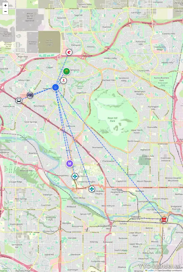 Daily accessibility map for 75 HAWKSTONE CL NW, Calgary showing nearby schools, grocery stores, parks, LRT stations and nearby amenities
