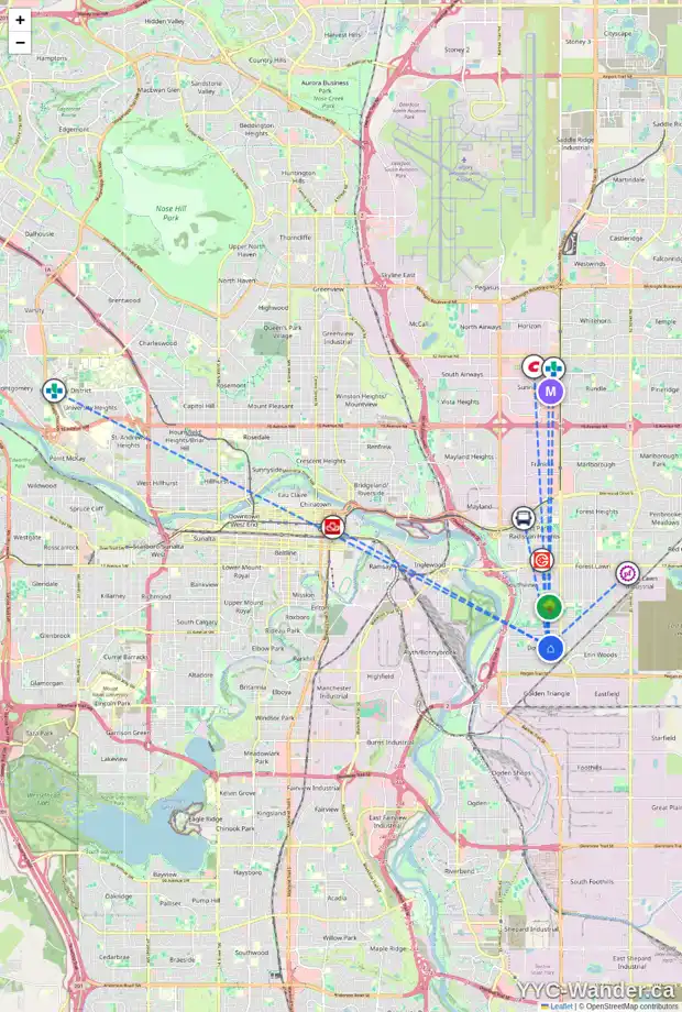 Daily accessibility map for 3424 DOVER RIDGE DR SE, Calgary showing nearby schools, grocery stores, parks, LRT stations and nearby amenities
