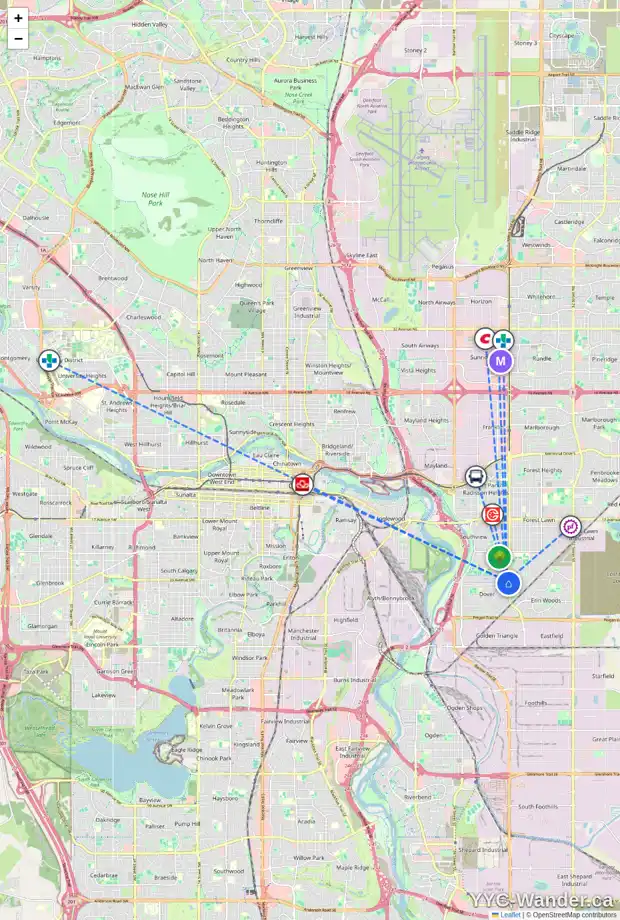 Daily accessibility map for 3457 33A AV SE, Calgary showing nearby schools, grocery stores, parks, LRT stations and nearby amenities