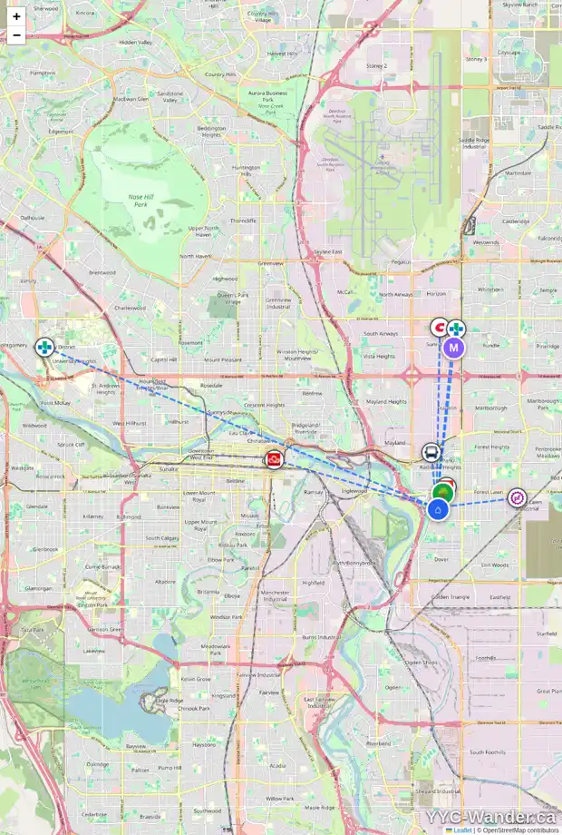 Daily accessibility map for 2054 BIRCH CR SE, Calgary showing nearby schools, grocery stores, parks, LRT stations and nearby amenities