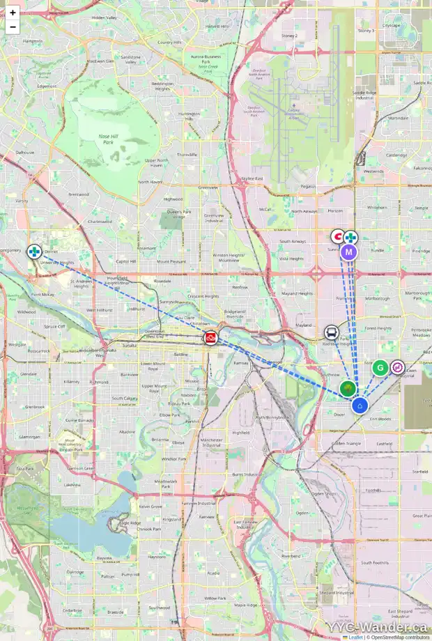 Daily accessibility map for 102 DOVERCLIFFE CL SE, Calgary showing nearby schools, grocery stores, parks, LRT stations and nearby amenities