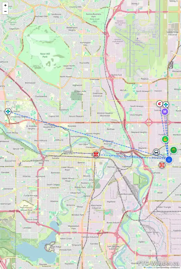 Daily accessibility map for 1132 36 ST SE, Calgary showing nearby schools, grocery stores, parks, LRT stations and nearby amenities