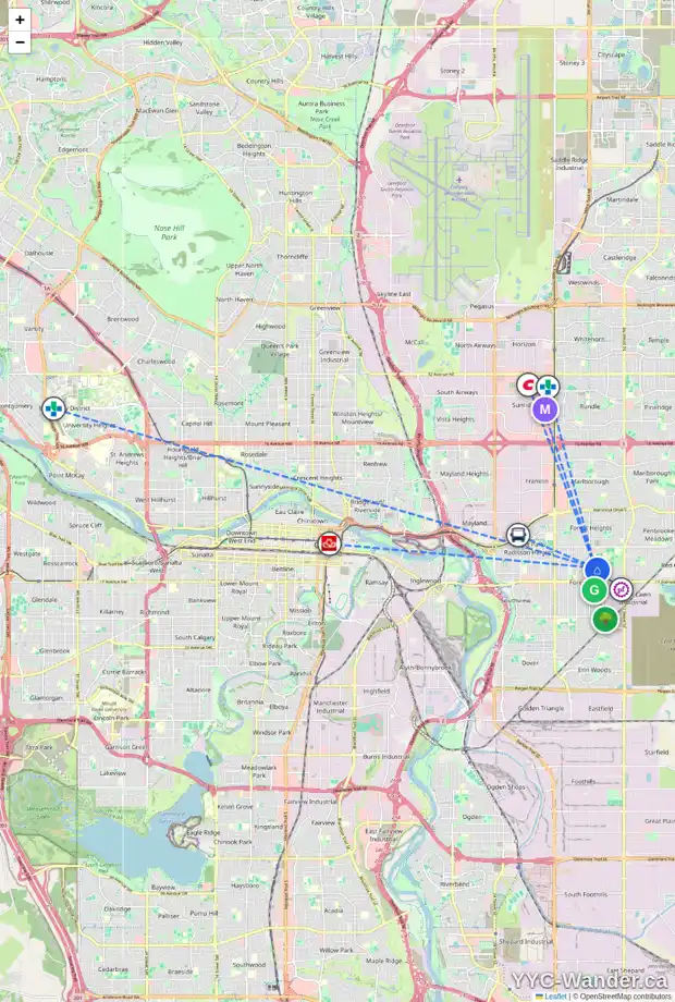 Daily accessibility map for 1504 45 ST SE, Calgary showing nearby schools, grocery stores, parks, LRT stations and nearby amenities