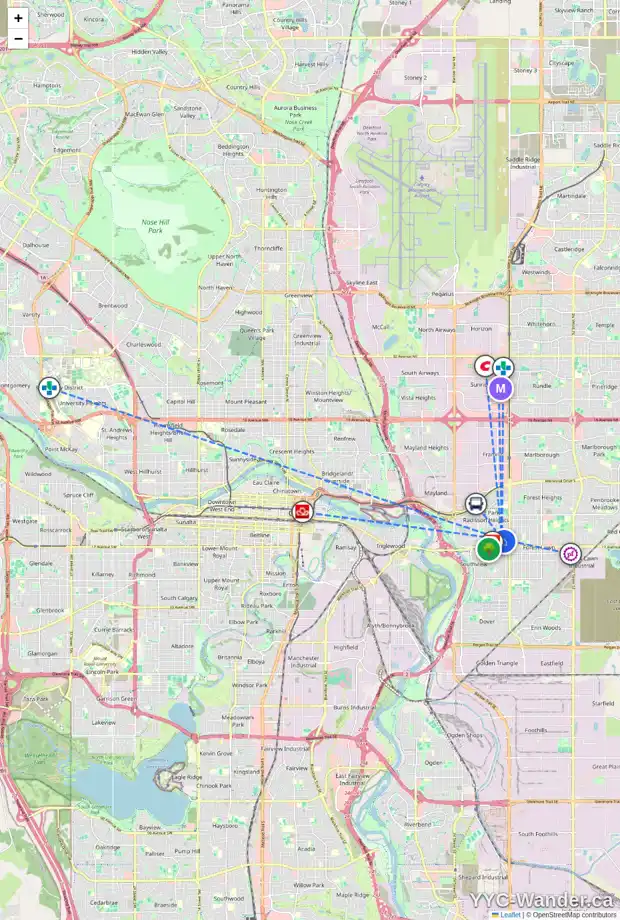 Daily accessibility map for 1538 34 ST SE, Calgary showing nearby schools, grocery stores, parks, LRT stations and nearby amenities