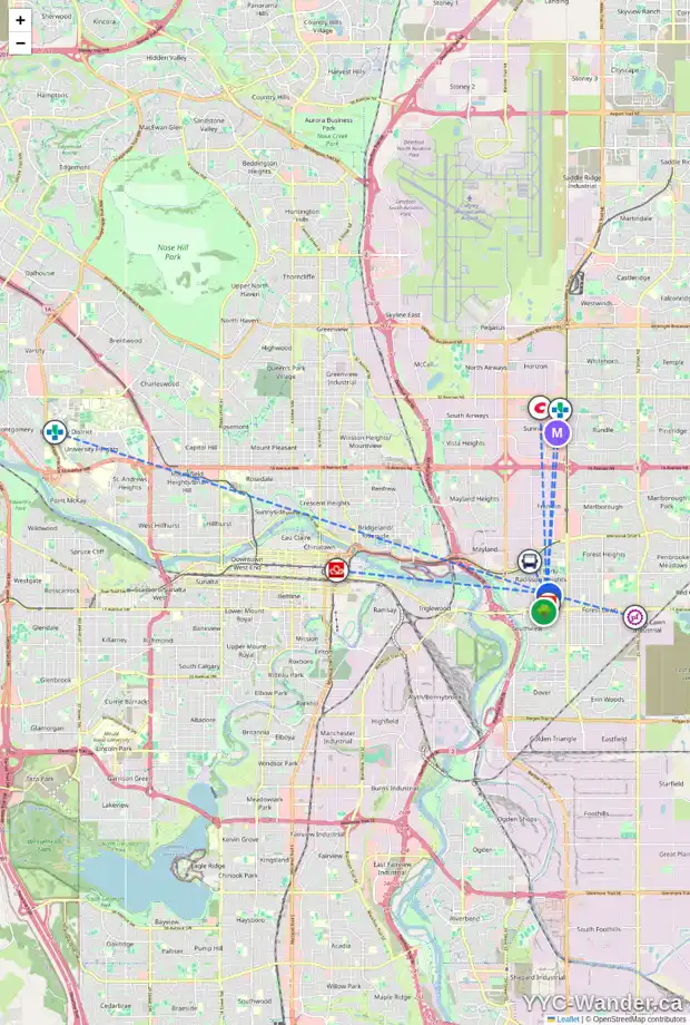 Daily accessibility map for 1519 ROULEAU CR SE, Calgary showing nearby schools, grocery stores, parks, LRT stations and nearby amenities