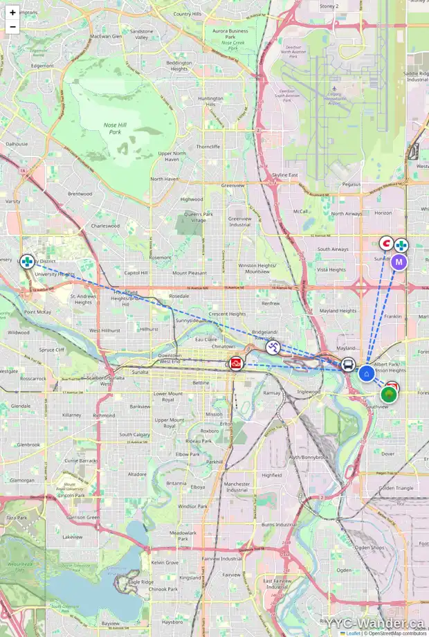 Daily accessibility map for 2533 10 AV SE, Calgary showing nearby schools, grocery stores, parks, LRT stations and nearby amenities
