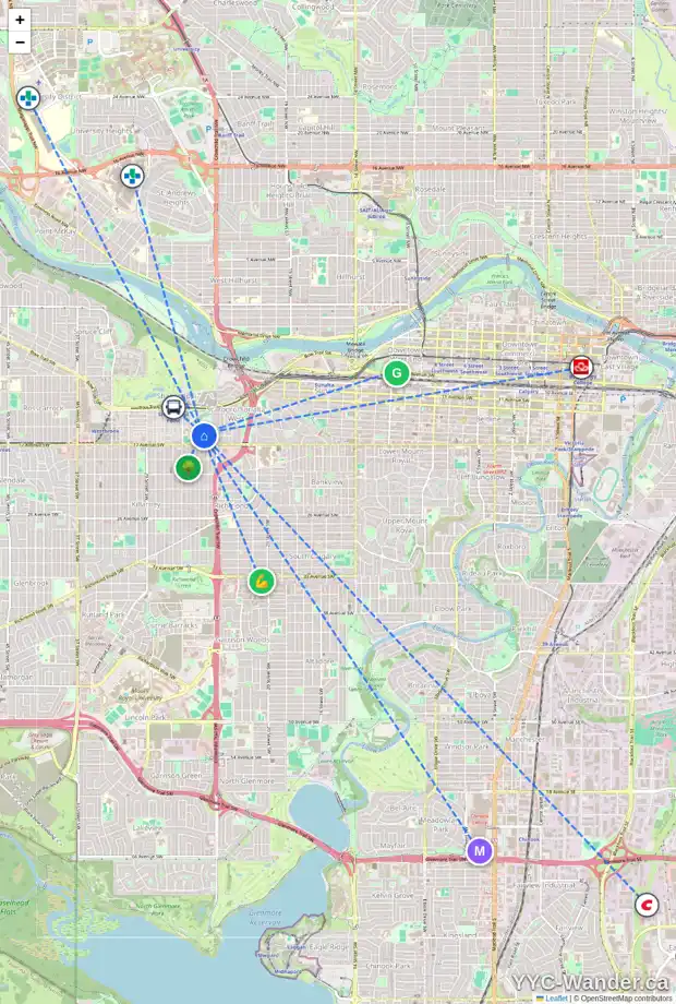 Daily accessibility map for 1718 25 ST SW, Calgary showing nearby schools, grocery stores, parks, LRT stations and nearby amenities