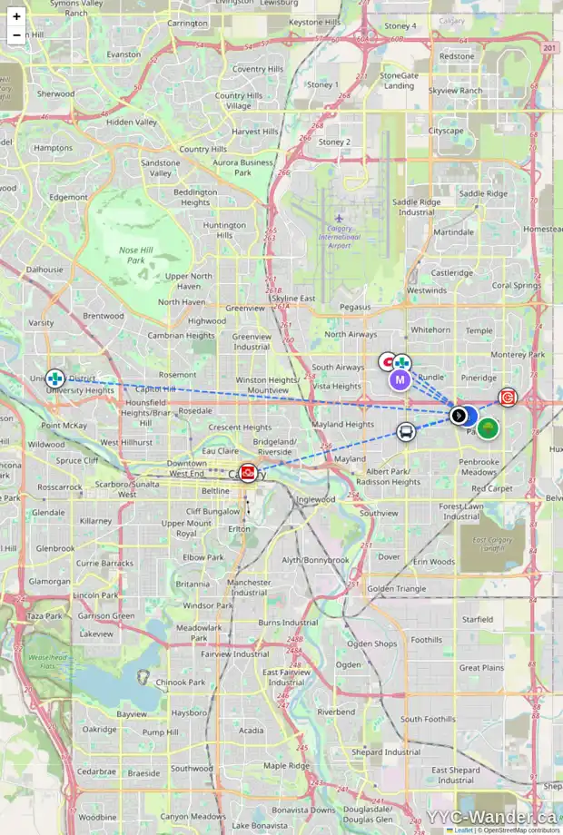 Daily accessibility map for 127 MANORA DR NE, Calgary showing nearby schools, grocery stores, parks, LRT stations and nearby amenities