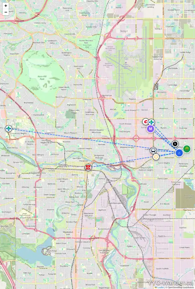 Daily accessibility map for 5555 4 AV NE, Calgary showing nearby schools, grocery stores, parks, LRT stations and nearby amenities