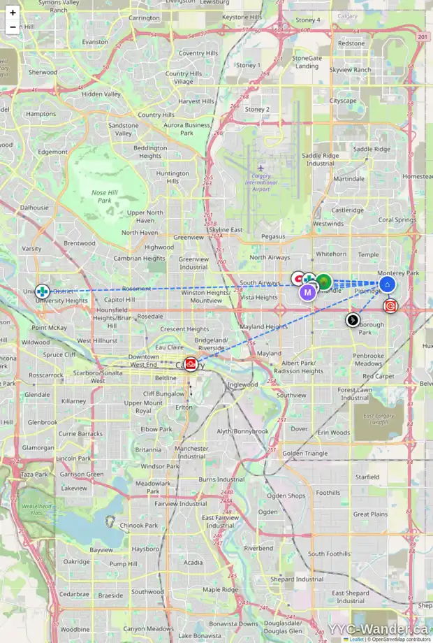 Daily accessibility map for 95 PINECLIFF CL NE, Calgary showing nearby schools, grocery stores, parks, LRT stations and nearby amenities