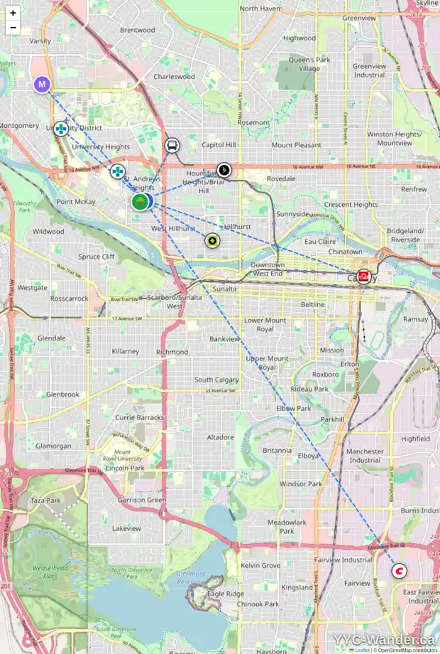 Daily accessibility map for 2624 TORONTO CR NW, Calgary showing nearby schools, grocery stores, parks, LRT stations and nearby amenities
