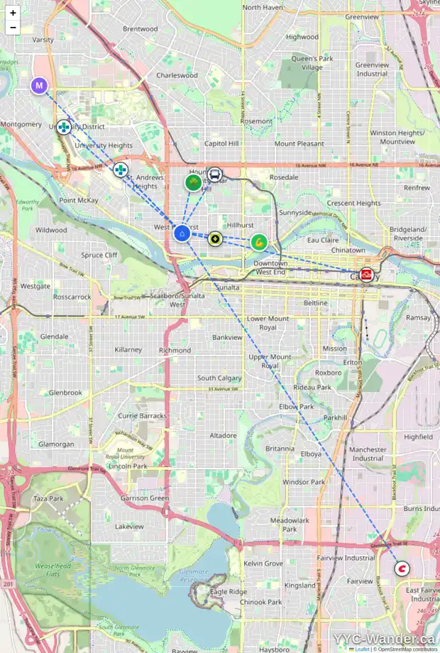 Daily accessibility map for 2311 2 AV NW, Calgary showing nearby schools, grocery stores, parks, LRT stations and nearby amenities