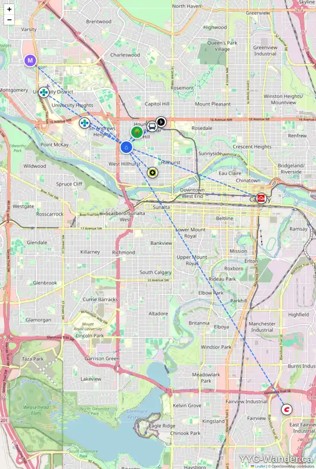 Daily accessibility map for 2211 9 AV NW, Calgary showing nearby schools, grocery stores, parks, LRT stations and nearby amenities