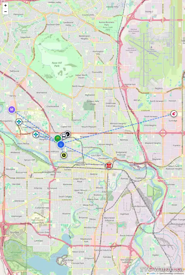 Daily accessibility map for 2020 8 AV NW, Calgary showing nearby schools, grocery stores, parks, LRT stations and nearby amenities