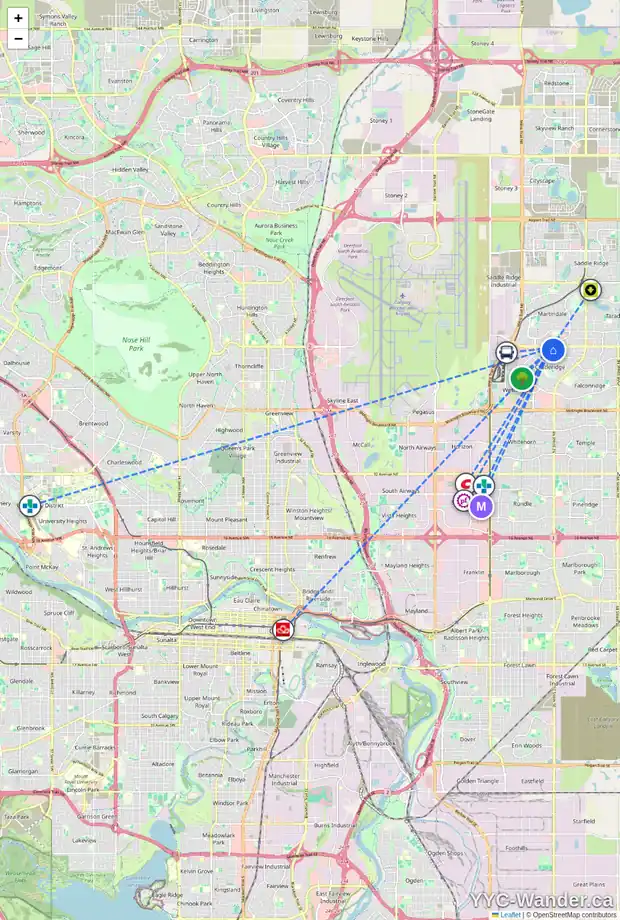 Daily accessibility map for 64 CASTLEDALE CR NE, Calgary showing nearby schools, grocery stores, parks, LRT stations and nearby amenities