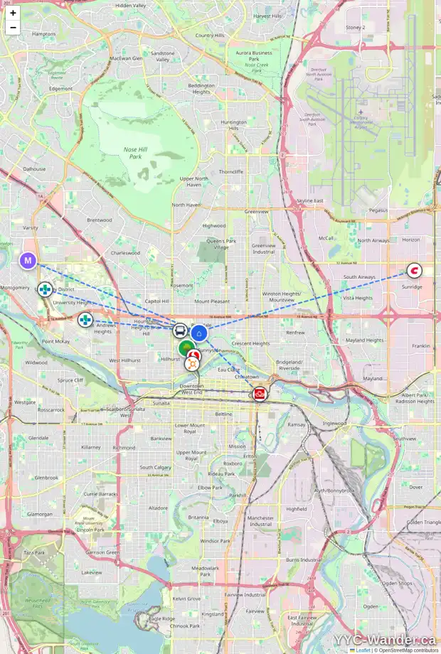 Daily accessibility map for 1310 CRESCENT RD NW, Calgary showing nearby schools, grocery stores, parks, LRT stations and nearby amenities