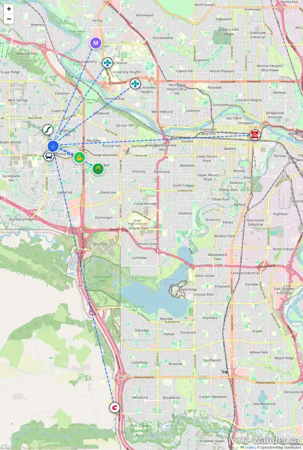 Daily accessibility map for 174 CHRISTIE KNOLL HT SW, Calgary showing nearby schools, grocery stores, parks, LRT stations and nearby amenities
