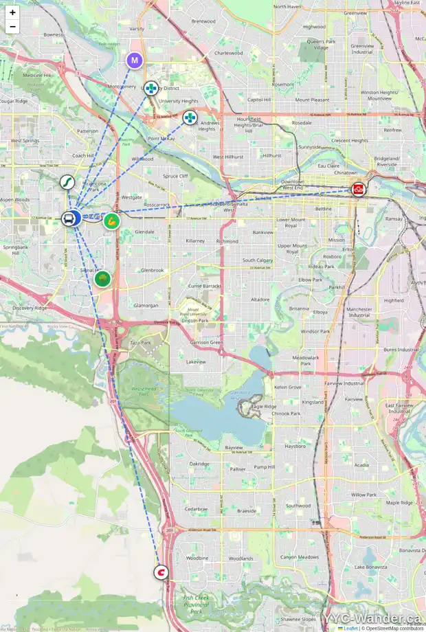 Daily accessibility map for 7039 CHRISTIE BRIAR MR SW, Calgary showing nearby schools, grocery stores, parks, LRT stations and nearby amenities