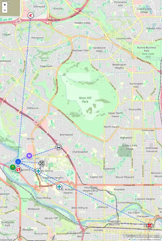 Daily accessibility map for 2004 52 ST NW, Calgary showing nearby schools, grocery stores, parks, LRT stations and nearby amenities