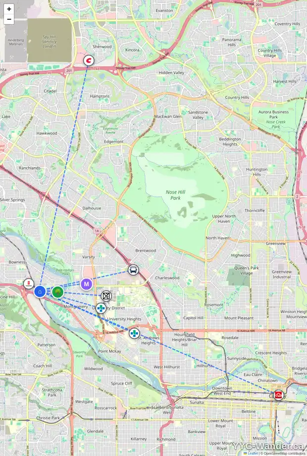 Daily accessibility map for 6412 30 AV NW, Calgary showing nearby schools, grocery stores, parks, LRT stations and nearby amenities