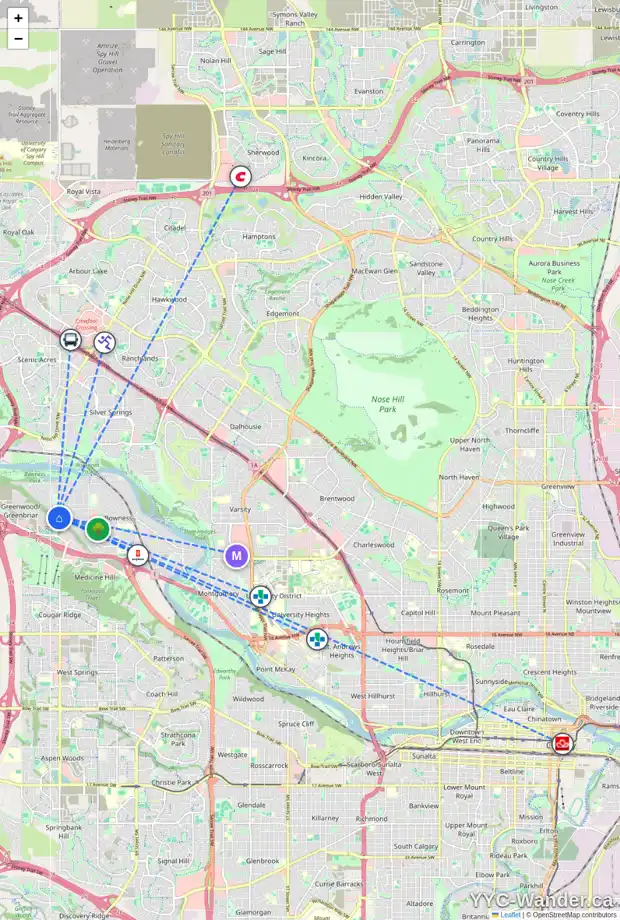 Daily accessibility map for 8539 33 AV NW, Calgary showing nearby schools, grocery stores, parks, LRT stations and nearby amenities