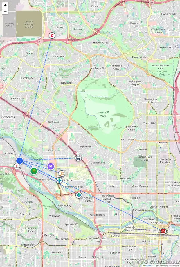 Daily accessibility map for 6547 36 AV NW, Calgary showing nearby schools, grocery stores, parks, LRT stations and nearby amenities