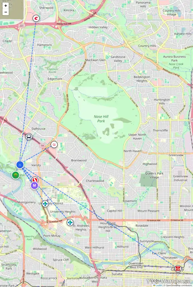 Daily accessibility map for 4143 VARSITY RD NW, Calgary showing nearby schools, grocery stores, parks, LRT stations and nearby amenities