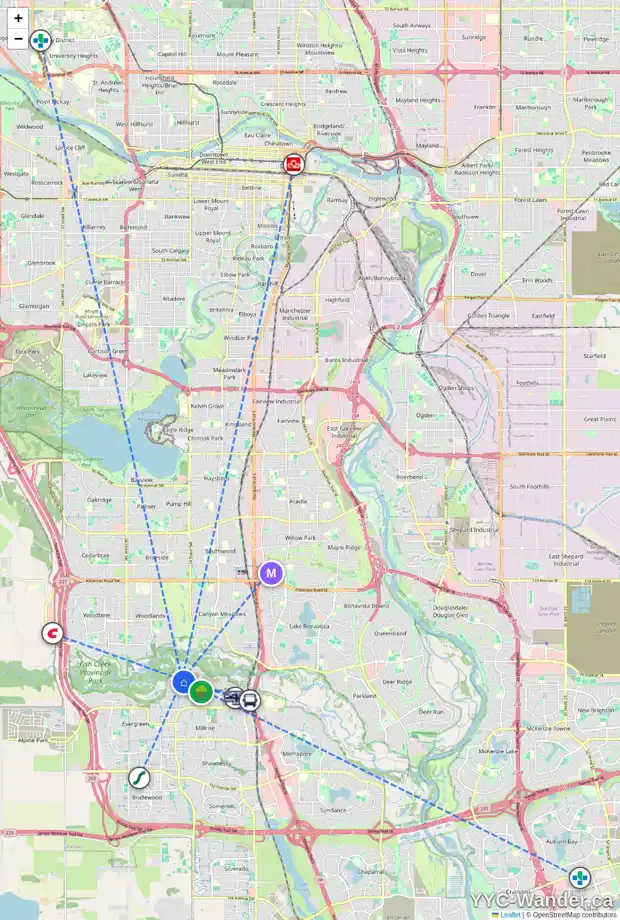 Daily accessibility map for 1547 EVERGREEN DR SW, Calgary showing nearby schools, grocery stores, parks, LRT stations and nearby amenities