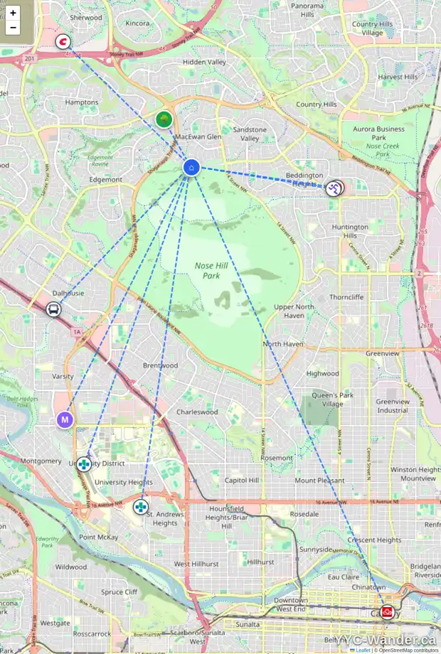Daily accessibility map for 50 MACEWAN PARK VW NW, Calgary showing nearby schools, grocery stores, parks, LRT stations and nearby amenities