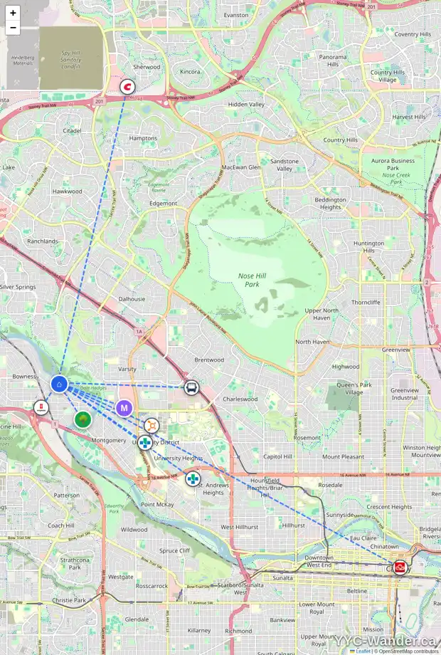 Daily accessibility map for 6510 BOW CR NW, Calgary showing nearby schools, grocery stores, parks, LRT stations and nearby amenities