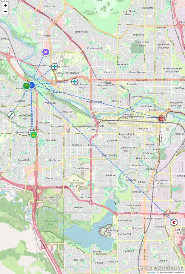 Daily accessibility map for 39 PROMINENCE PH SW, Calgary showing nearby schools, grocery stores, parks, LRT stations and nearby amenities
