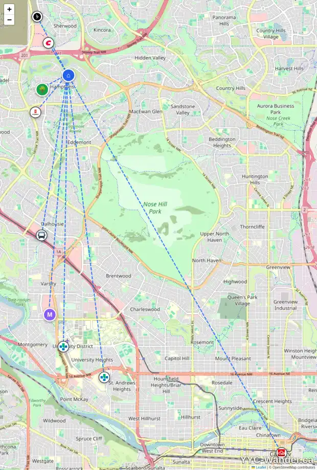 Daily accessibility map for 216 HAMPTONS TC NW, Calgary showing nearby schools, grocery stores, parks, LRT stations and nearby amenities