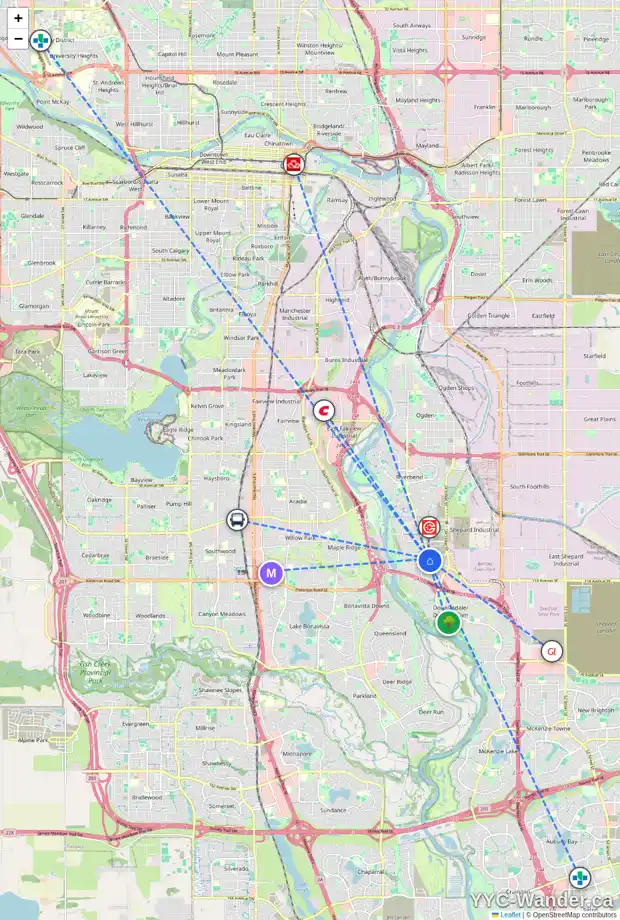 Daily accessibility map for 353 DOUGLAS GLEN HE SE, Calgary showing nearby schools, grocery stores, parks, LRT stations and nearby amenities