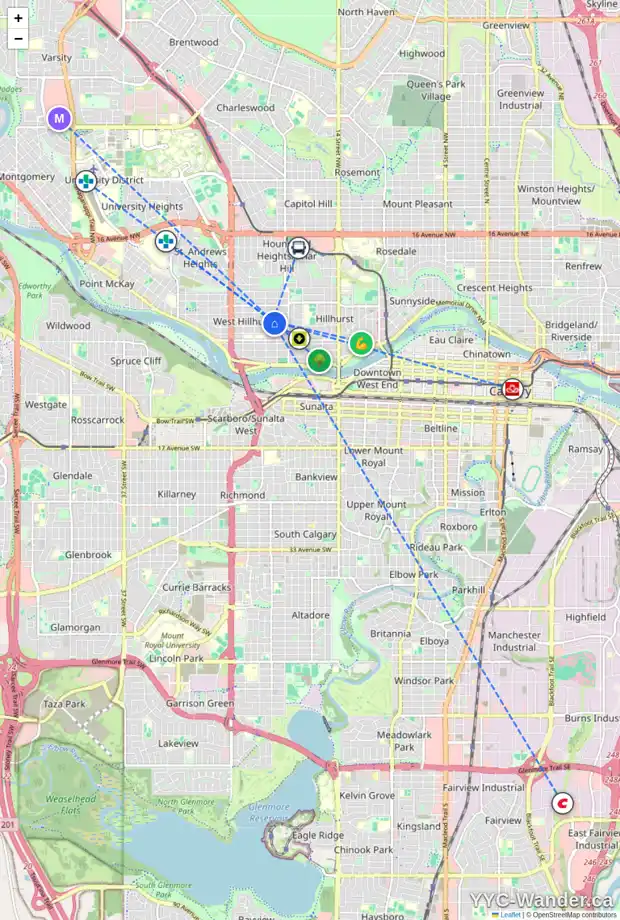 Daily accessibility map for 2115 3 AV NW, Calgary showing nearby schools, grocery stores, parks, LRT stations and nearby amenities