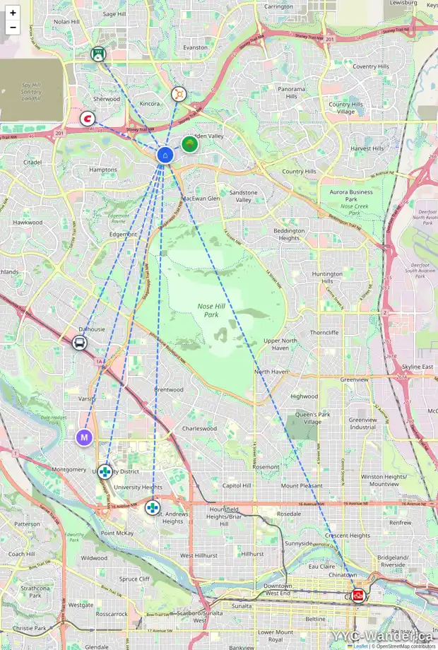 Daily accessibility map for 85 HIDDEN RANCH HL NW, Calgary showing nearby schools, grocery stores, parks, LRT stations and nearby amenities
